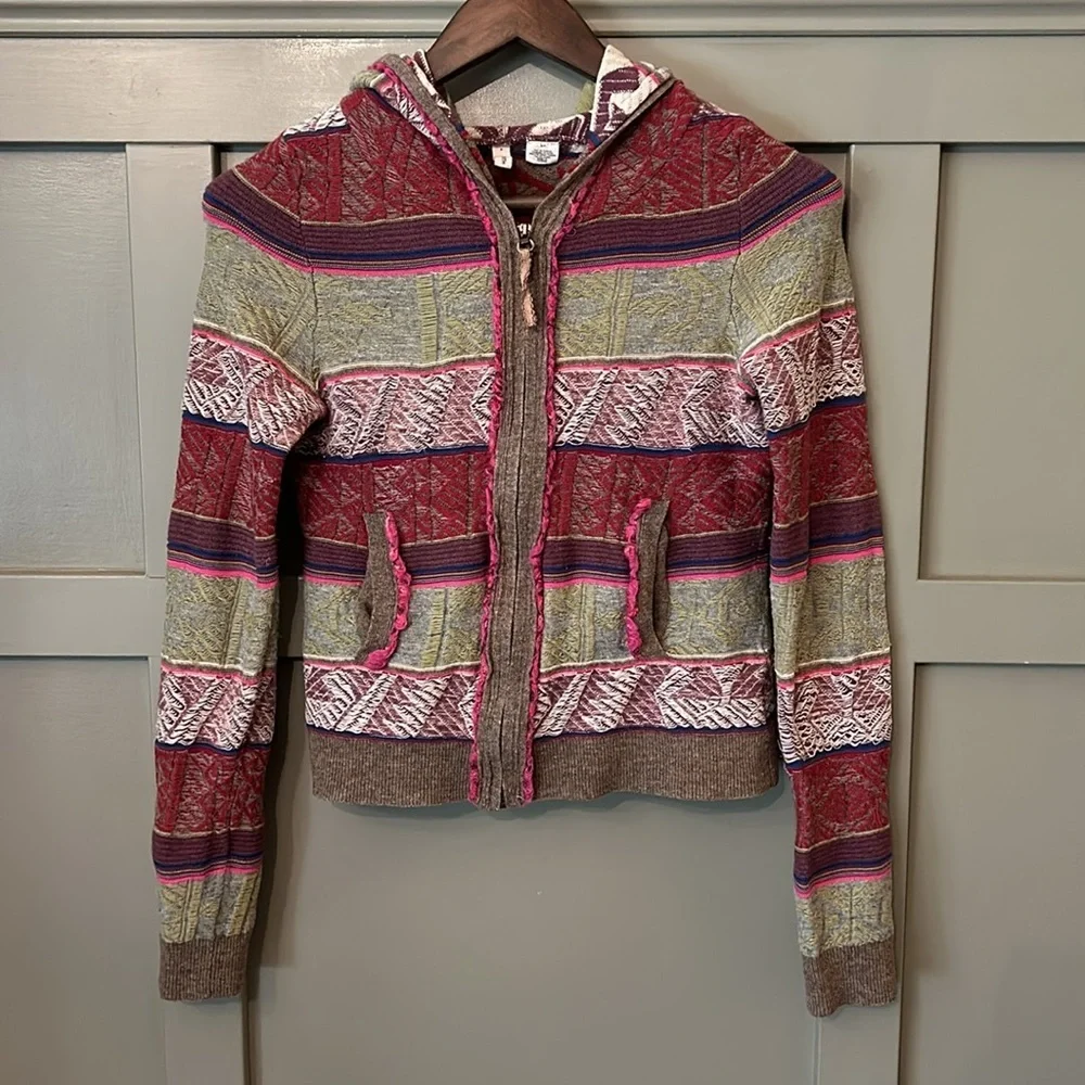 Anthropologie Moth Striped Knit Hooded Cardigan Sweater Wool Cotton Full Zip S